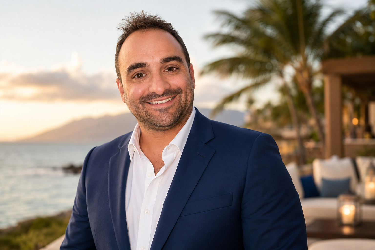 Nick, founder of @TravelAdvisorNak, smiling in an outdoor setting near the ocean at sunset