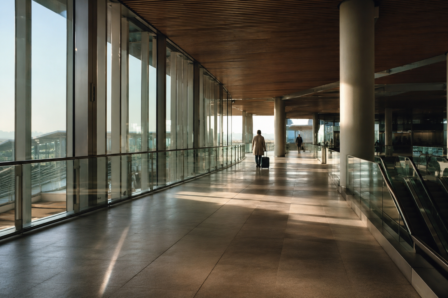 Traveler walking through a quiet, sunlit terminal.